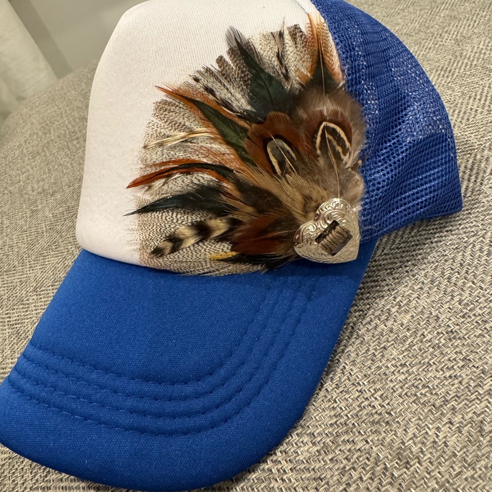 Blue and White Feather-Embellished Women's Hat